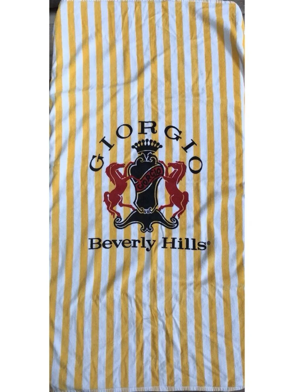 Vintage GIORGIO BEVERLY HILLS Beach Pool TOWEL YELLOW White Stripes 80’s EUC